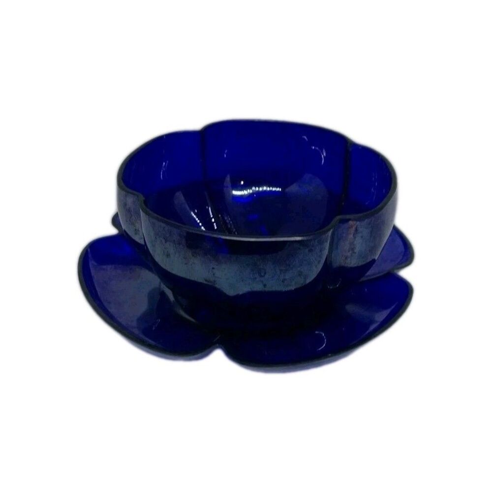 Vintage Ruffled Art Glass Bowl & Saucer Beautiful Iridescent Cobalt Blue
